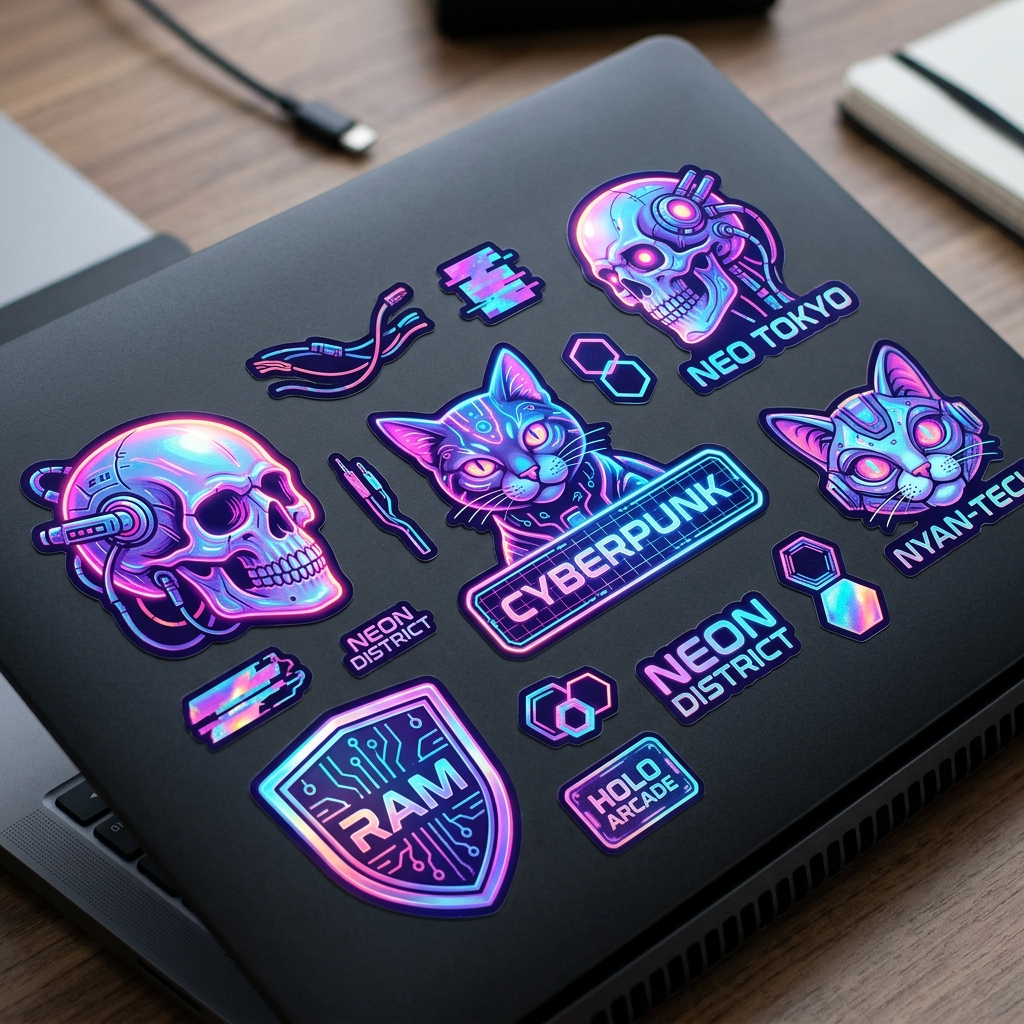 Cyberpunk Holographic Stickers Pack Mockup
